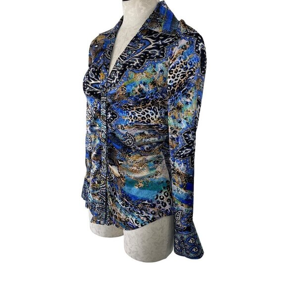 Cache Vintage 90s Y2k Womens Blouse Size Medium Blue Abstract Print Long Sleeve - Picture 3 of 8